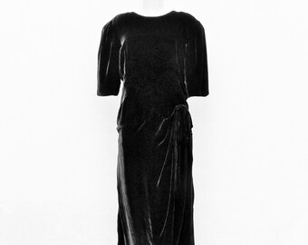 Vintage black silk velvet dress, dropped waist dress with low back and back bow