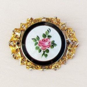 Vintage guilloche enamel brooch with hand painted pink rose, enamel jewelry