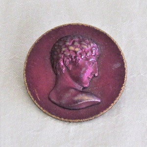 Antique Mercury head button, tinted brass Eingetr Muster 1800's button image 1