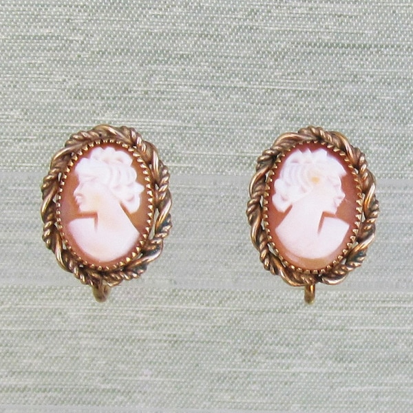 Vintage gold filled cameo screw back earrings, genuine carved shell cameo earrings