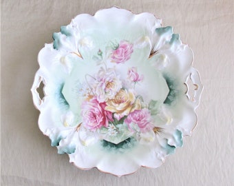 R.S. Prussia shallow bowl with pink and yellow roses