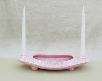 Portavelas/plantador Brush Pottery, cuenco de consola de mediados de siglo en esmalte rosa y blanco moteado