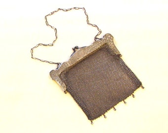 Antique German silver chainmail purse, c.1900's chainmaille bag with embossed frame and ball fringe