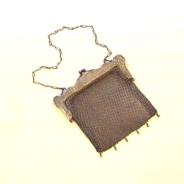 Antique German silver chainmail purse, c.1900's chainmaille bag with embossed frame and ball fringe