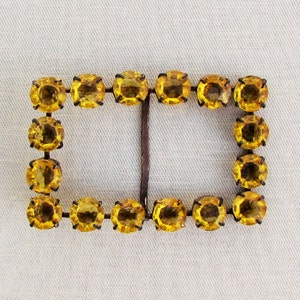 Vintage Czech belt buckle with unfoiled golden yellow rhinestones, 1920&#39;s brass slide buckle made in Czechoslovakia