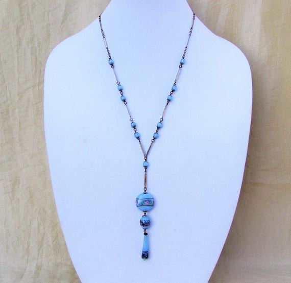 Vintage flapper necklace, 1920's sautoir with blu… - image 1