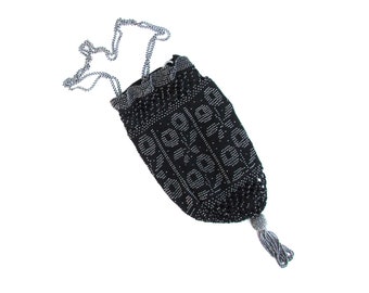 C.1910's crocheted pouch purse, black with cut steel beads