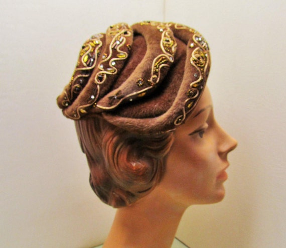 Vintage hat, New Look brown plush asymmetrical co… - image 1