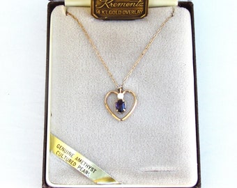 Krementz heart pendant with amethyst and pearl, 14K overlay pendant in original box