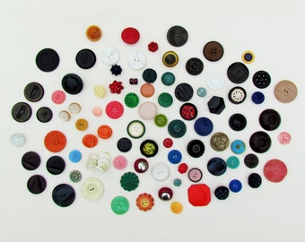 Vintage button lot, 100 plastic and celluloid pre-1970 buttons in many colors, shapes, and sizes