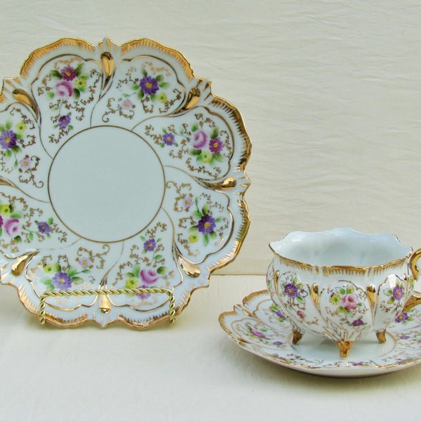 Vintage porcelain snack set, china tea and cake set, 3 piece hand decorated china tea set