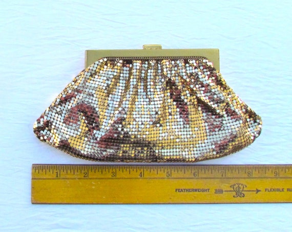 Whiting and Davis gold metal mesh clutch with rhi… - image 3