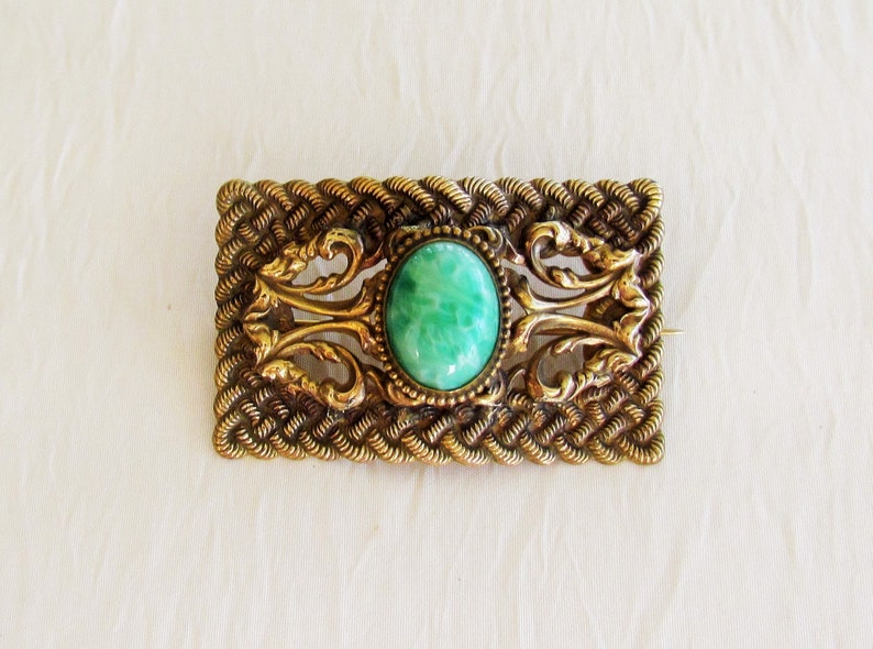 Antique brass sash pin with Peking glass cabochon image 1