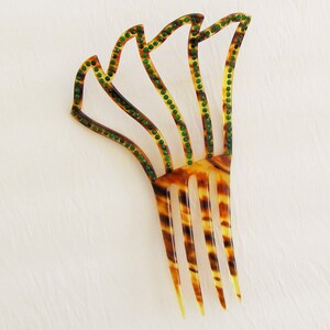 Vintage celluloid hair comb, 1920's faux tortoiseshell decorative comb set with green rhinestones