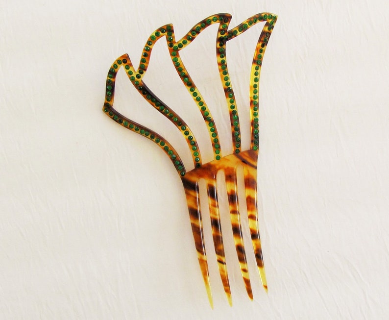 1920/'s faux tortoiseshell decorative comb set with green rhinestones Vintage celluloid hair comb