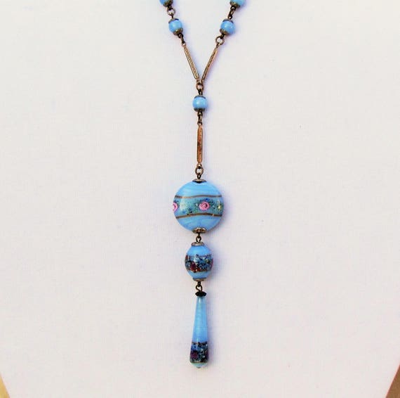 Vintage flapper necklace, 1920's sautoir with blu… - image 2