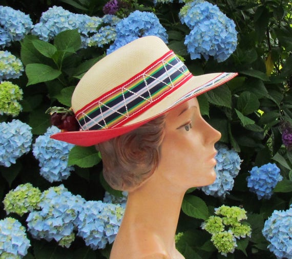 Vintage Adolfo hat in natural and red straw, summ… - image 4