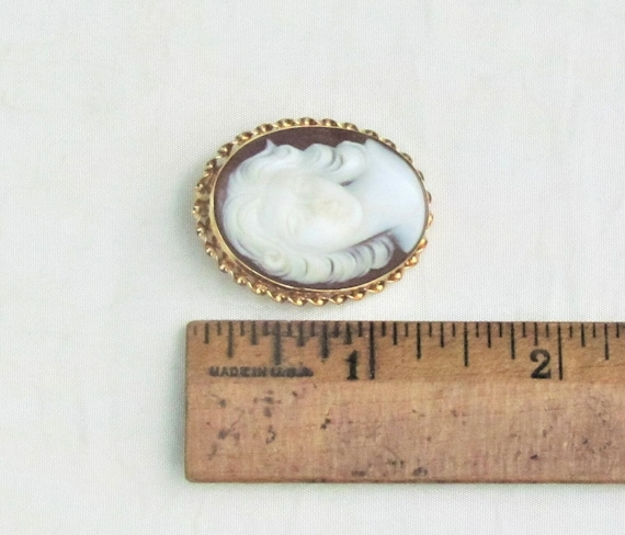 Vintage 14K cameo brooch/pendant, carved hard she… - image 5