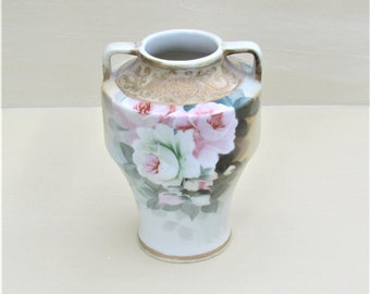 Small Nippon china hand painted vase with pink roses