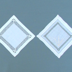 Lot of 2 antique drawnwork linen doilies, 1 with silk embroidery, small square doilies