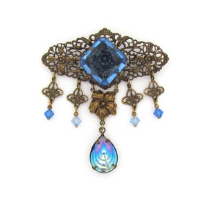 Vintage Sadie Green Victorian Revival filigree and blue glass brooch image 1