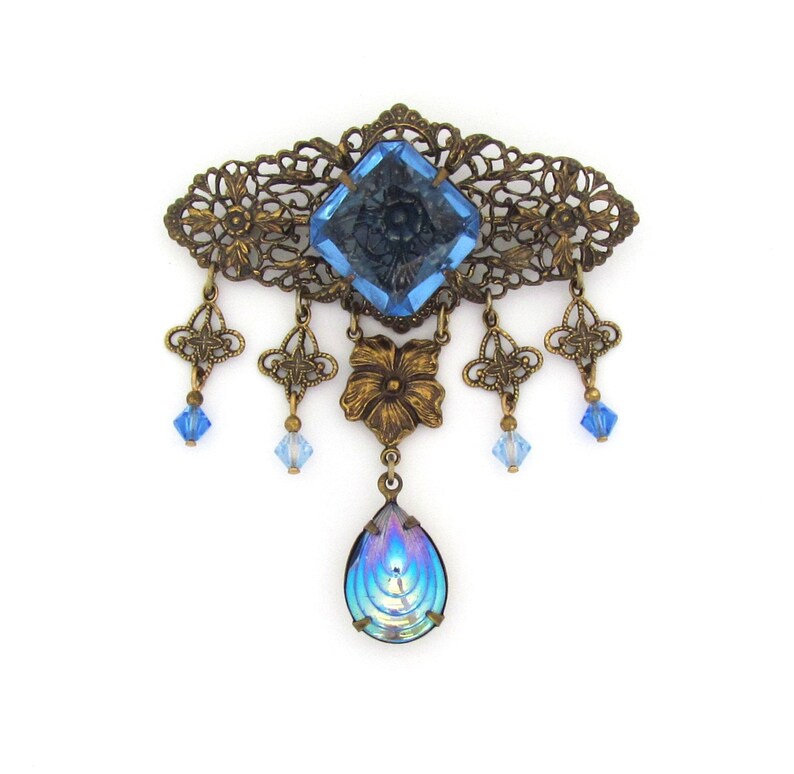 Vintage Sadie Green Victorian Revival filigree and blue glass brooch image 1