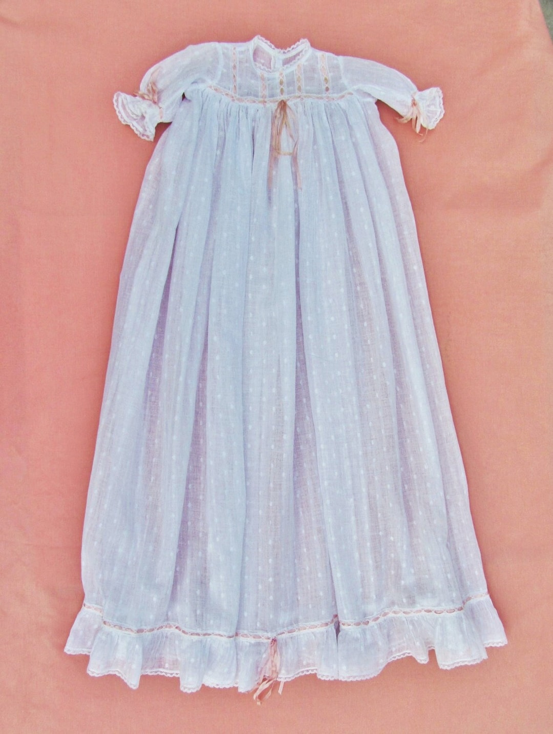 Antique Christening Gown for Baby Girl, Christening Dress With Pink Silk Ribbons, C.1900 Infant