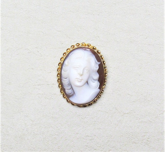 Vintage 14K cameo brooch/pendant, carved hard she… - image 3