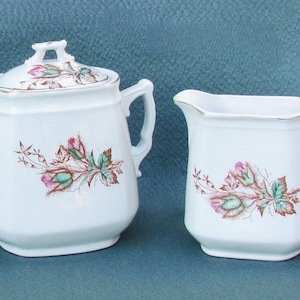 Antique Moss Rose ironstone creamer and covered sugar bowl