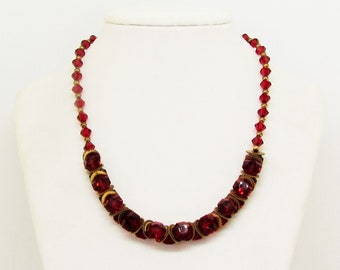 1930's red faceted glass bead necklace with brass embellishments