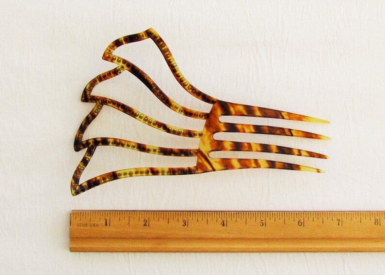 1920/'s faux tortoiseshell decorative comb set with green rhinestones Vintage celluloid hair comb