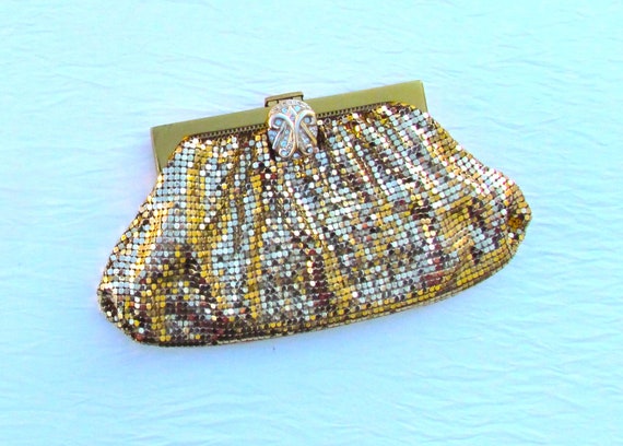 Whiting and Davis gold metal mesh clutch with rhi… - image 1