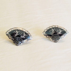 Vintage Siam sterling fan shaped cuff links, niello silver cufflinks