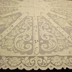Antique linen mosaic lace tablecloth with drawnwork and embroidery, tablecloth handmade in Italy c.1910, ornate tablecloth, PRICE REDUCED
