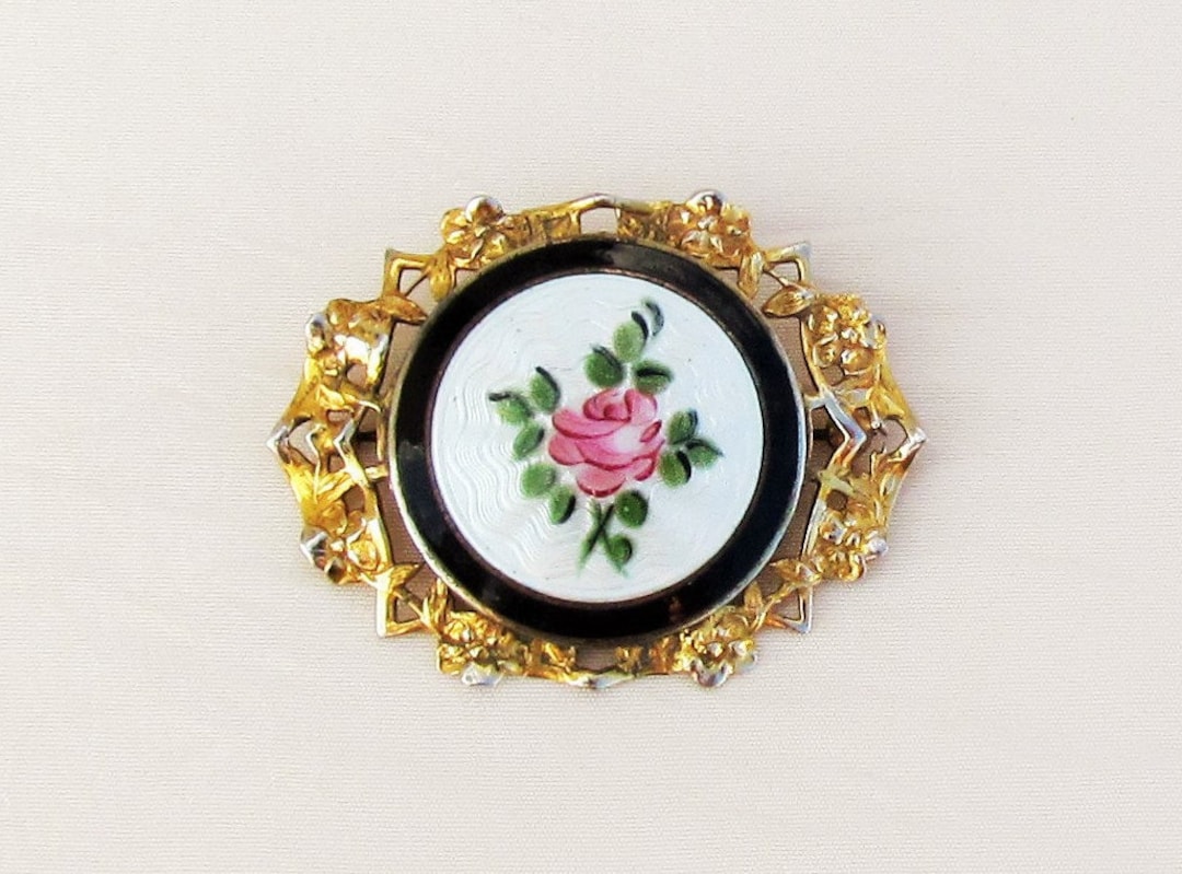 Vintage Guilloche Enamel Brooch With Hand Painted Pink Rose, Enamel ...