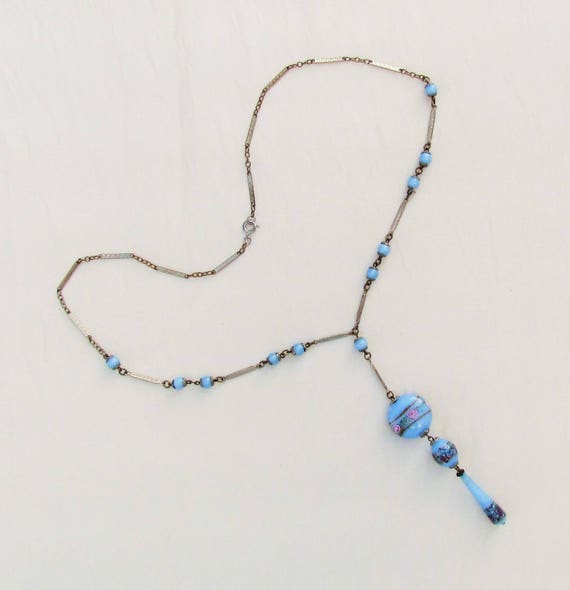 Vintage flapper necklace, 1920's sautoir with blu… - image 3