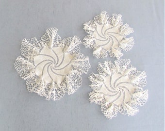 Set of 3 crocheted pinwheel doilies with ruffled edges