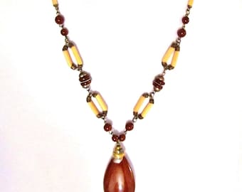 Art Deco pendant, 1930's Czech pendant with dark brown opaque glass and caramel glass beads