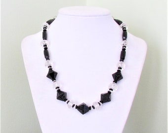 Art Deco necklace with black and clear faceted beads