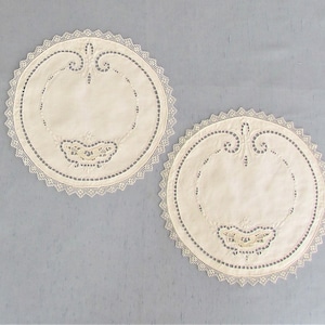 Set of 2 lace trimmed linen doilies with cutwork and embroidery