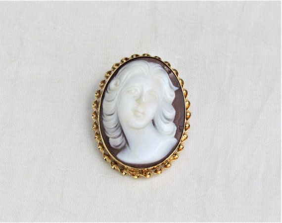 Vintage 14K cameo brooch/pendant, carved hard she… - image 4