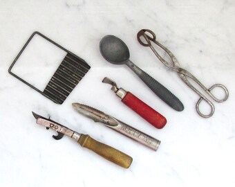 Lot of 6 vintage/antique kitchen utensils, including a "Morton Salt" potato peeler