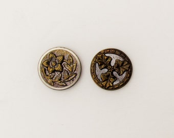 Antique metal buttons with floral designs, lot of 2 Victorian buttons, late 1800's ornate buttons