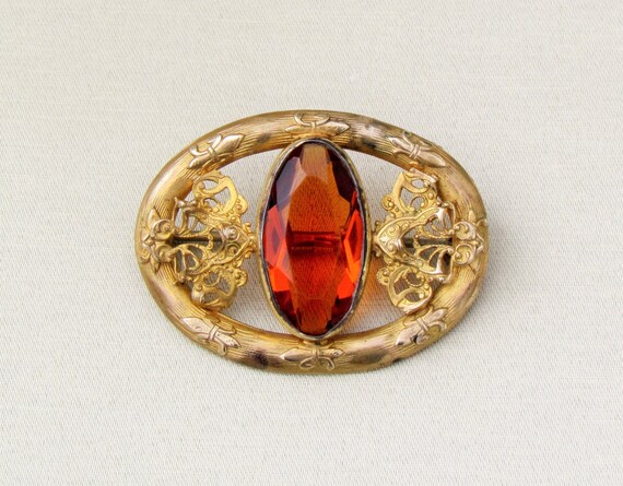 Antique sash pin, Victorian brooch with large amber stone, c.1900 filigree pin