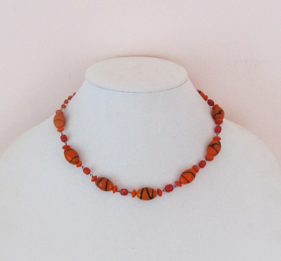 Vintage orange and black glass bead necklace, 193… - image 1