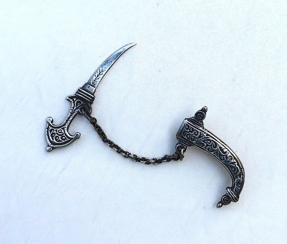 Vintage sterling brooch, ornate dagger with sheath
