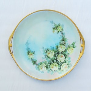Vintage hand painted china plate with yellow roses, German porcelain cake plate dated 1928