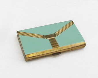 Vintage Zell brass/aqua enamel powder and rouge compact