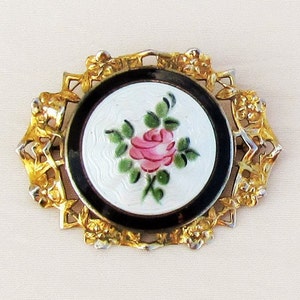 Vintage Guilloche Enamel Brooch With Hand Painted Pink Rose, Enamel ...