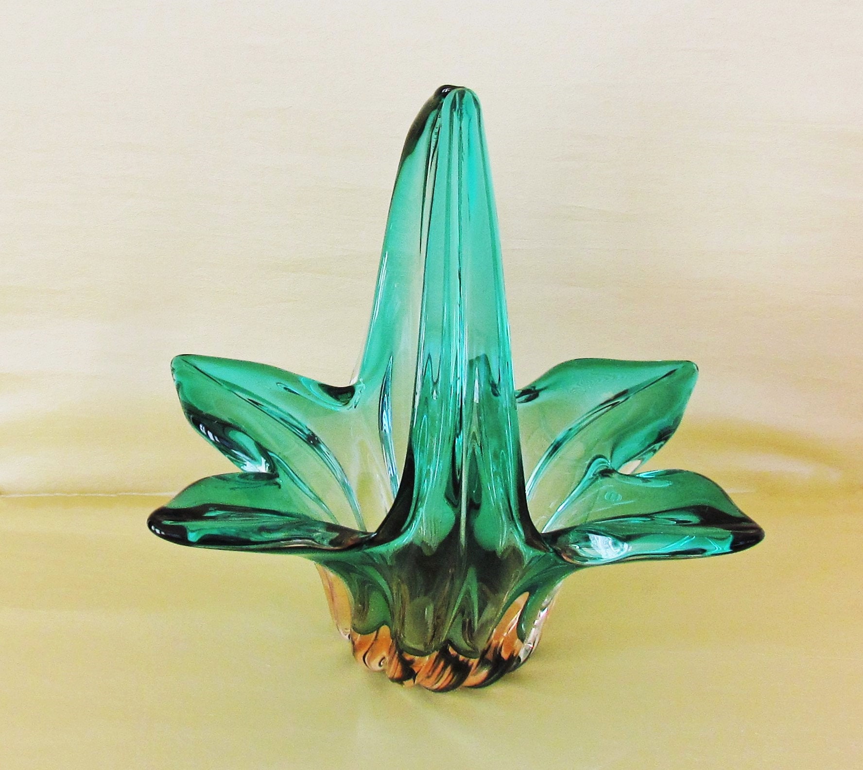 置物 Murano , antique Vintage Murano Glass Basket in Teal, Deep Turquoise Glass Modern